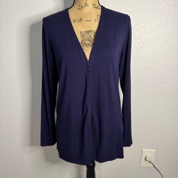 Eileen Fisher Navy Long Sleeve Cardigan 1 Button V Neck Stretch Rayon Size M - Picture 1 of 11